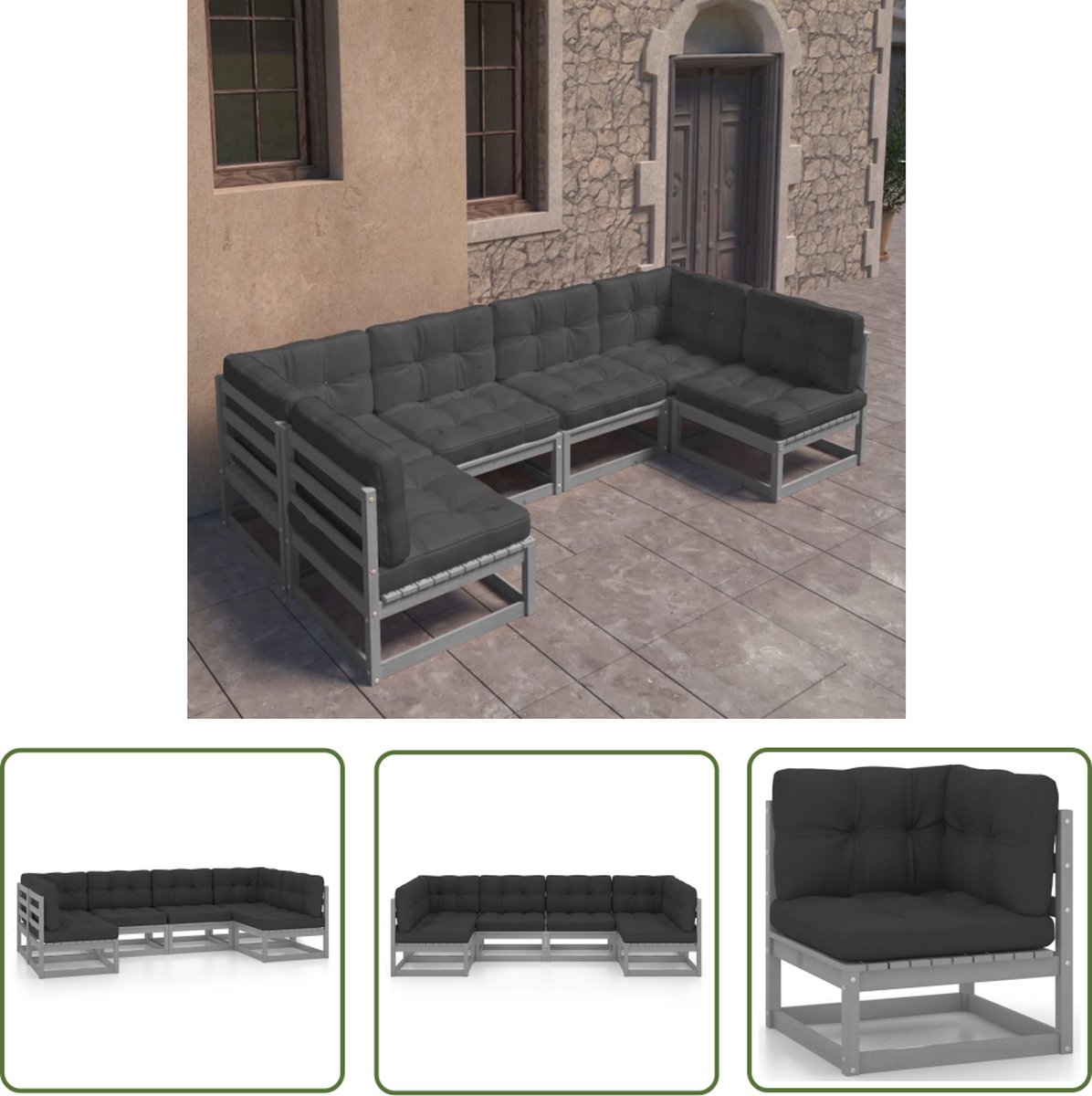 The Living Store 6-delige Loungeset met kussens massief grenenhout grijs - Tuinmeubels - Lounge Set - Houten Tuinbank - Grenenhout - Loungestoel