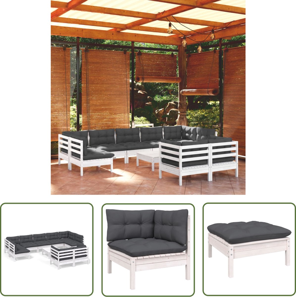 The Living Store 10-delige Loungeset met kussens massief grenenhout wit - Loungeset - Tuinlounge - Lounge Stoel - Buis Meubel - Houten Loungestoel