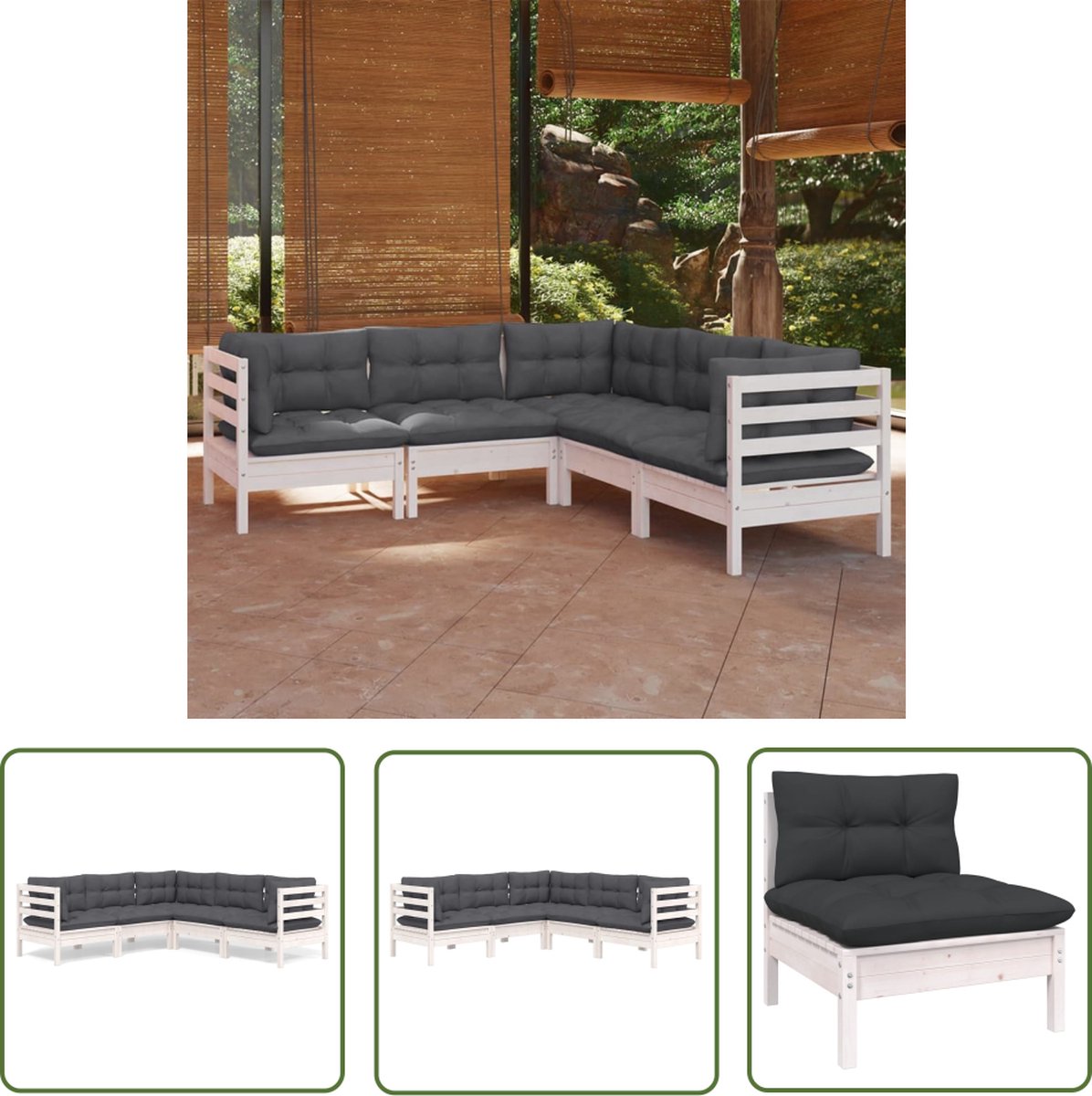 The Living Store 5-delige Loungeset met kussens massief grenenhout wit - Loungeset - Tuinset - Houten Lounge Set - Balkon Set - Terras Set