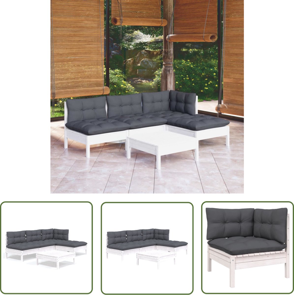 The Living Store 5-delige Loungeset met kussens grenenhout wit - Loungestoel - Tuinset - Lounge Bank - Buitendecoratie - Hout Meubel