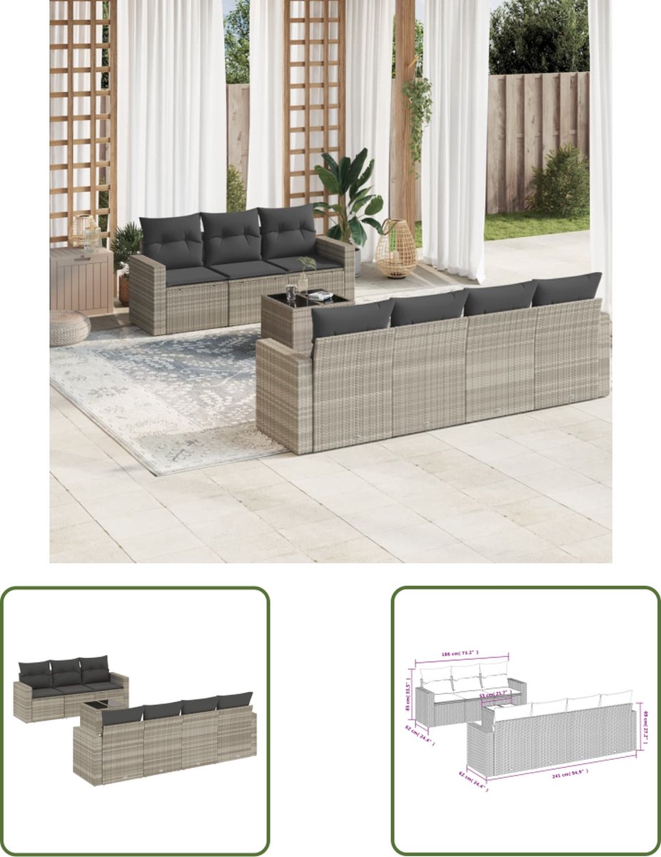 The Living Store 8-delige Loungeset met kussens poly rattan lichtgrijs - Loungebank - Lounge Set - Buitendecoratie - Tuinmeubels - Loungestoel