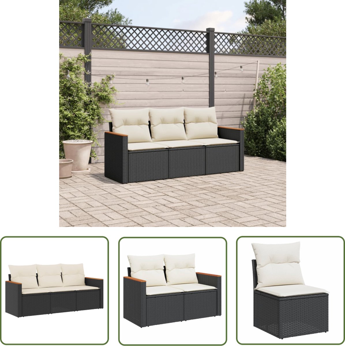 The Living Store 3-delige Loungeset met kussens poly rattan zwart - Loungeset - Tuinset - Lounge - Outdoor Furniture - Garden Furniture