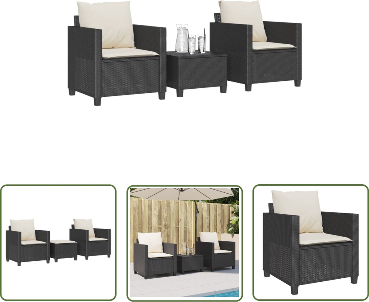 The Living Store 3-delige Bistroset met kussens poly rattan zwart - Bistro Set - Tuinstoelen - Buitentijnen - Terrasmeubilair - Lounge Set