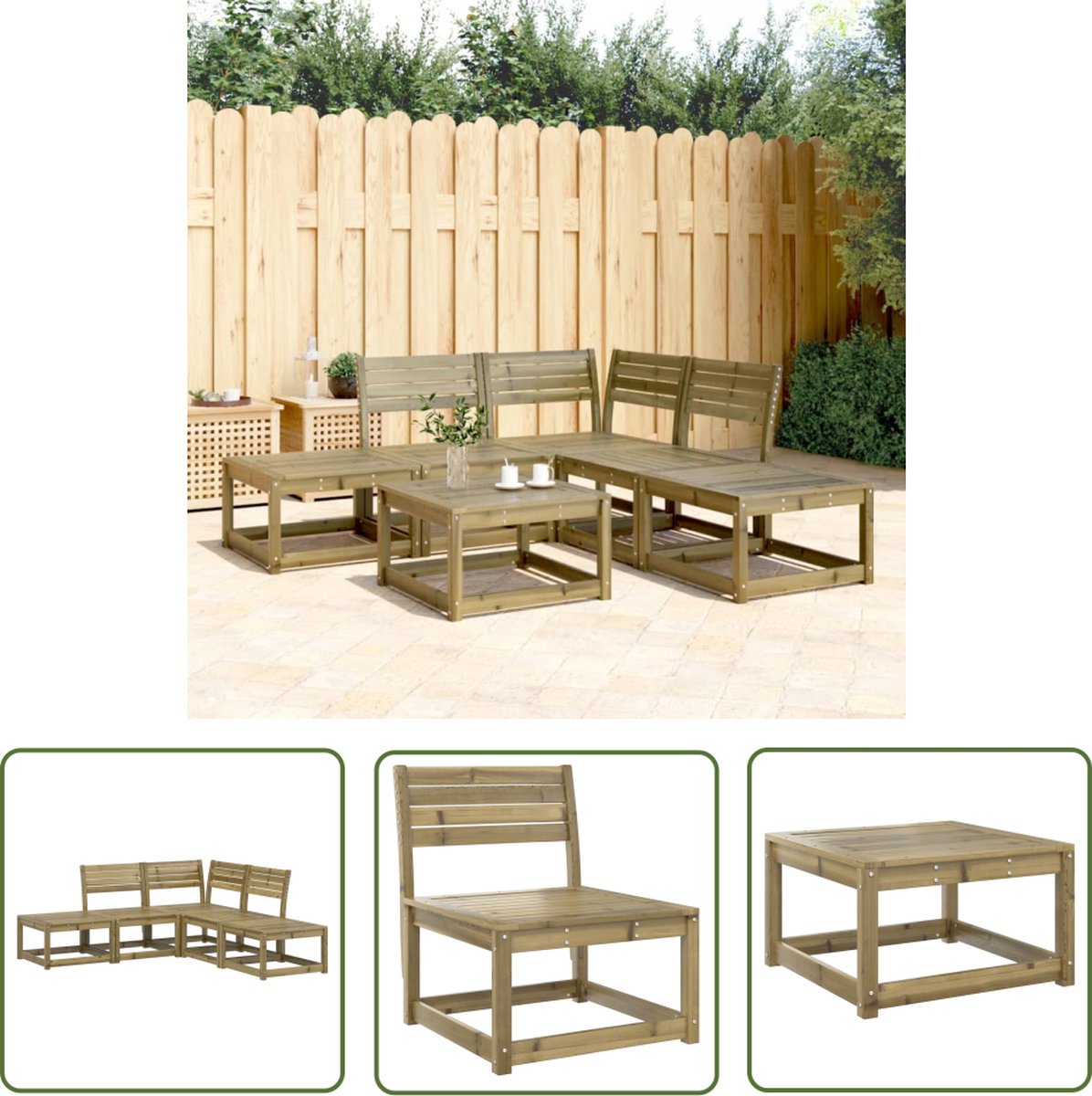 The Living Store 5-delige Loungeset geïmpregneerd grenenhout - Tuinmeubels - Lounge Set - Houten Tuinbank - Tuinset - Buitendecoratie