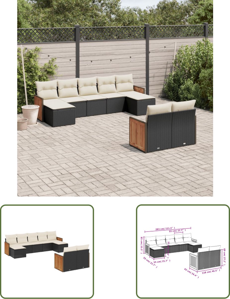 Zwart poly rattan loungeset met kussens voor buiten - The Living Store.