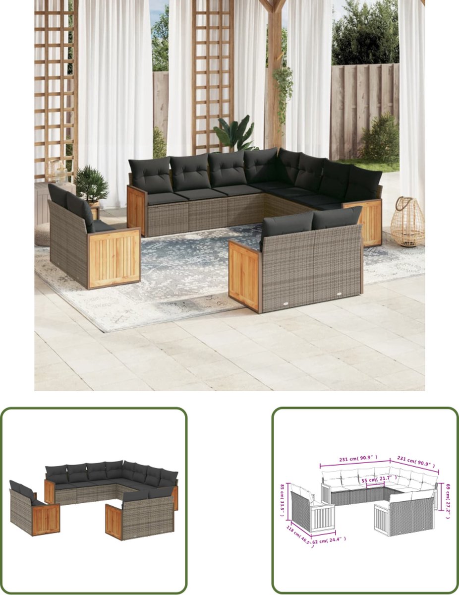 The Living Store 11-delige Loungeset met kussens poly rattan grijs - Loungebank - Tuinset - Lounge Set - Buitendecoratie - Tuinmeubels