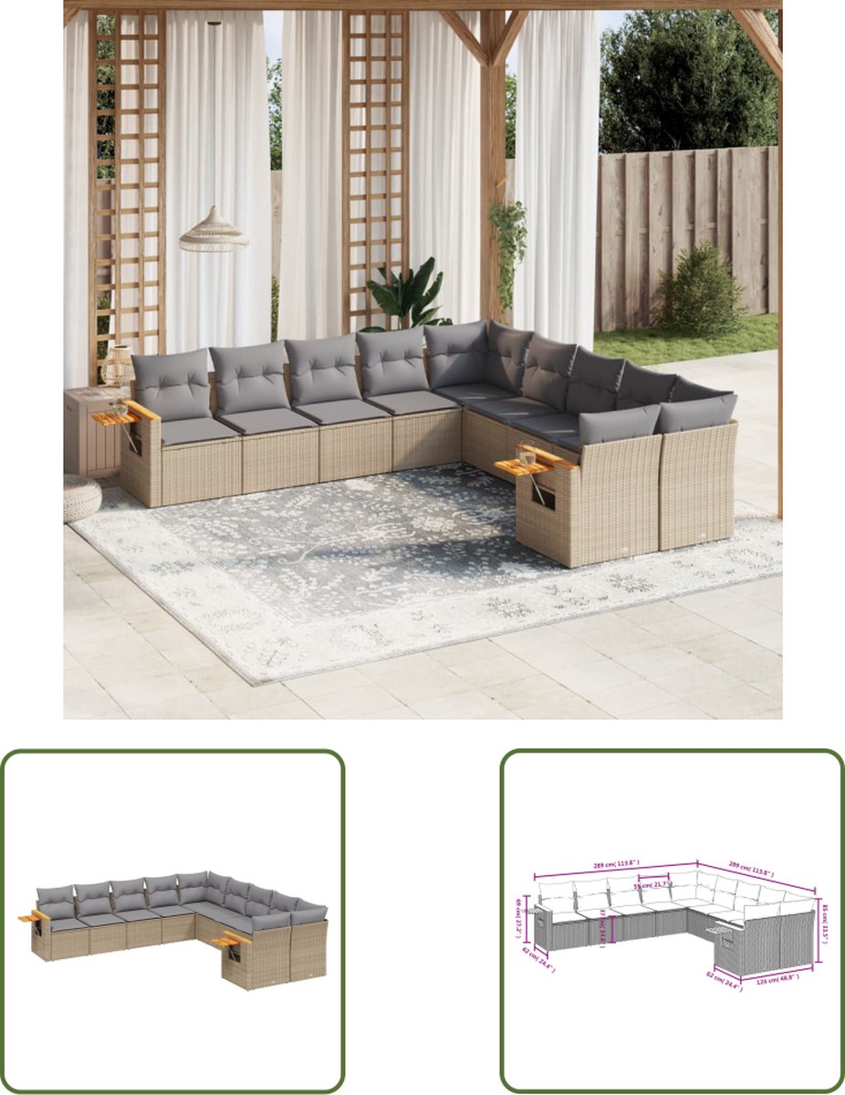 The Living Store 10-delige Loungeset met kussens poly rattan beige - Loungeset - Tuinset - Lounge Set - Tuinmeubels - Rattan Meubel