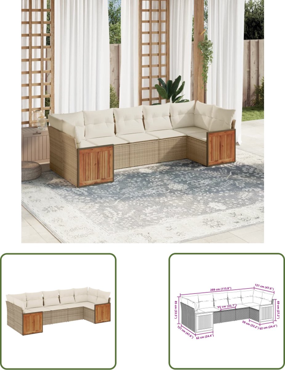 The Living Store 7-delige Loungeset met kussens poly rattan beige - Loungebank - Tuinset - Lounge Set - Buitendecoratie - Tuinmeubels