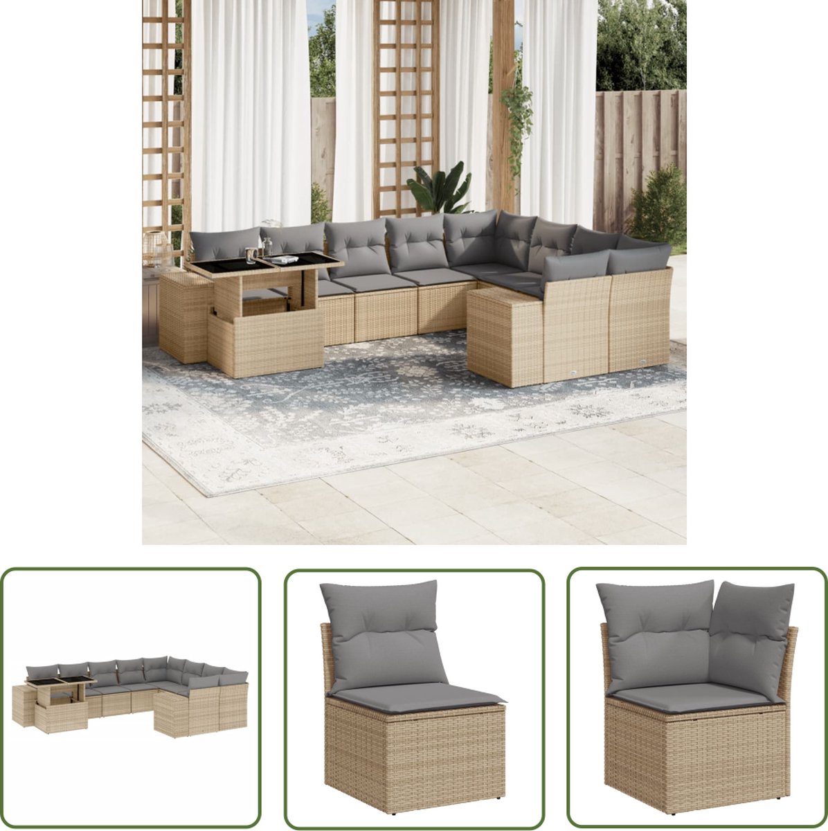 Tuin loungeset met beige kussens en poly rattan materiaal - Buitendecoratie.