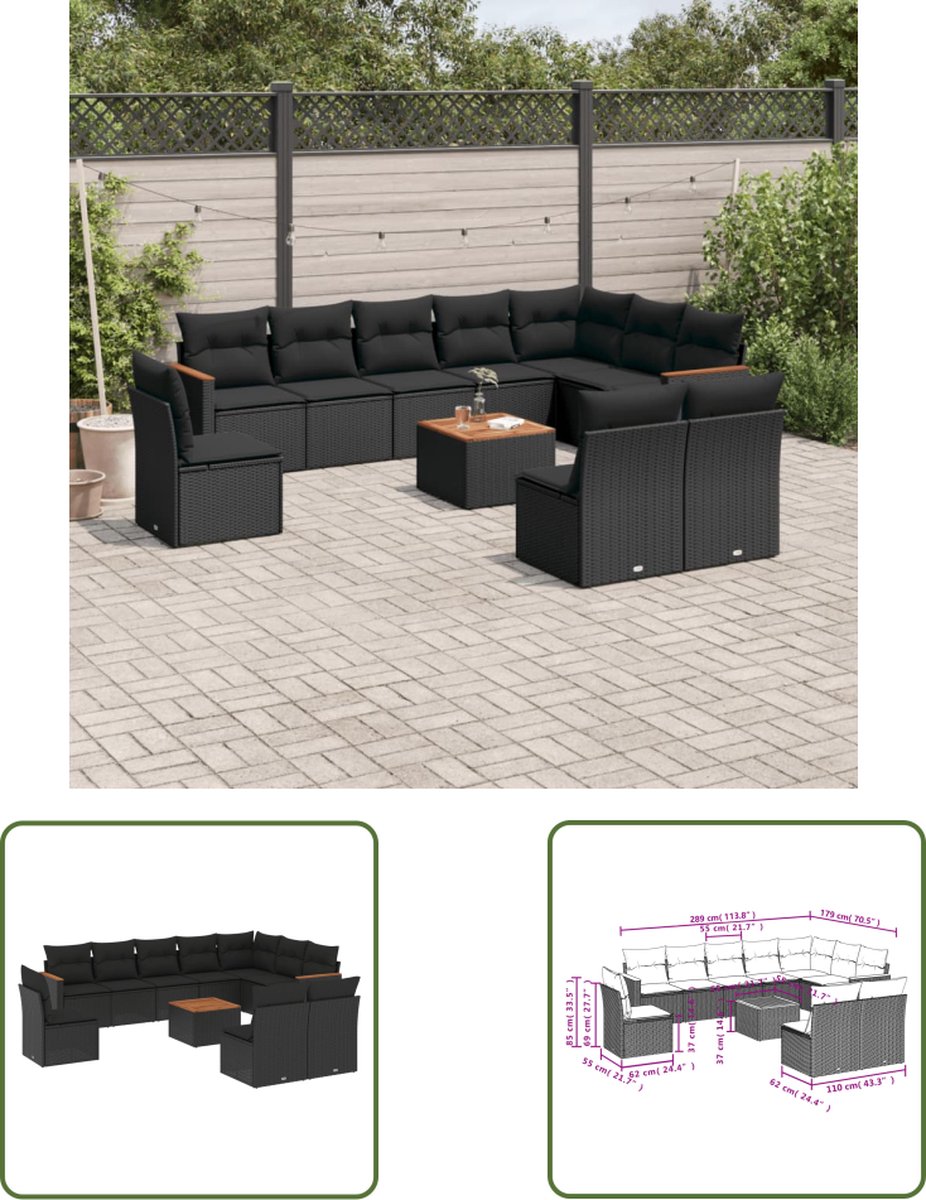 The Living Store 11-delige Loungeset met kussens poly rattan zwart - Loungeset - Lounge Set - Tuinlounge - Buitendining - Outdoor Furniture