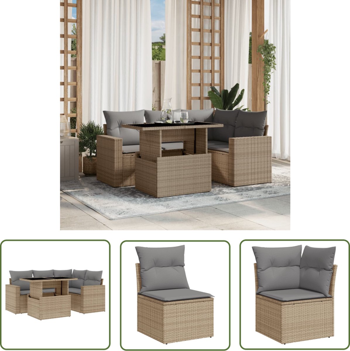 The Living Store 5-delige Loungeset met kussens poly rattan beige - Loungeset - Tuinmeubels - Lounge Set - PE-rattan - Buitendecoratie
