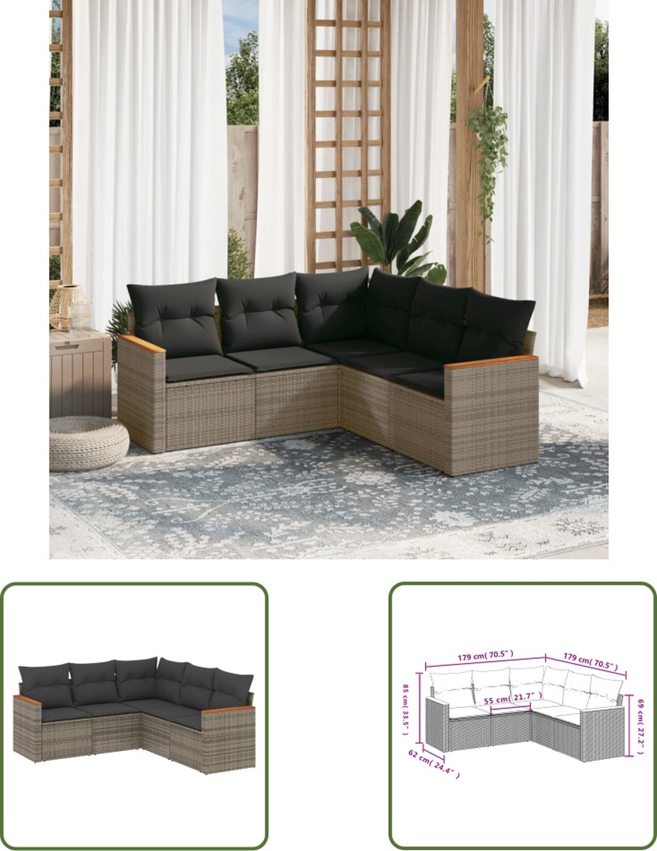 Grijze poly rattan loungeset met kussens voor buiten.