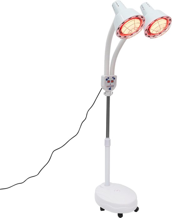 MEHOOSPVN Instelbare verwarmingslamp met afstandsbediening, 360° draaibaar, infrarood lampen 275 W infraroodlamp warmtelamp dubbele kop rood licht lamp massagelamp infraroodlamp met standaard rood