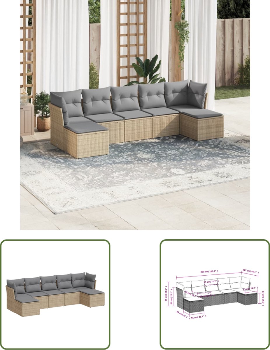 The Living Store 7-delige Loungeset met kussens poly rattan beige - Loungebank - Lounge Set - Buitendecoratie - Tuinmeubels - Ratan Meubel