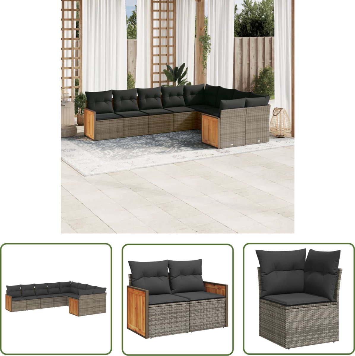 Grijs poly rattan loungeset met kussens voor buiten.