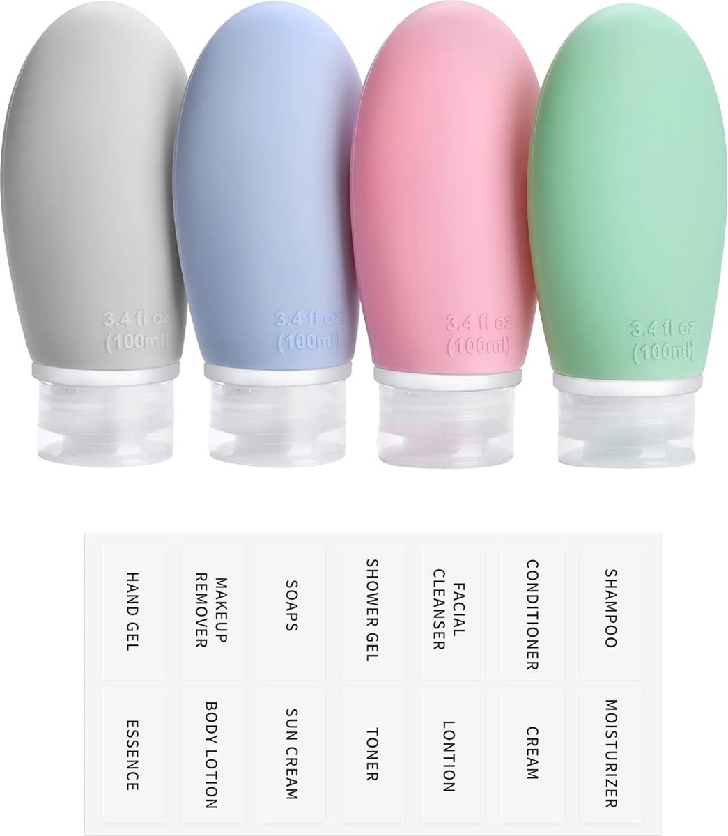 Image of 4 stuks 100 ml siliconen reisflesjes set met etiketten, lekvrij, navulbare lege reisformaat, reisflessen om te vullen, cosmetica, shampoo, vloeistoffen, BPA-vrij en TSA-getest