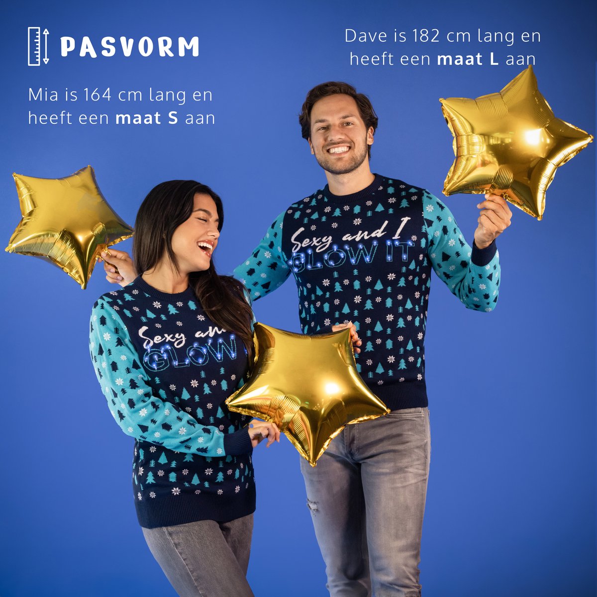 JAP Christmas Kersttrui met lichtjes (maat L) - 100% Gerecycled - Kriebelt niet - Kerstcadeau volwassenen - Foute Kersttrui dames en heren - Sexy and I GLOW IT - Blauw — afbeelding 7
