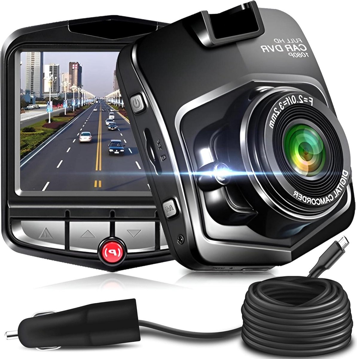 Loop recording- FHD 1080p resolution dashcam- 2.4 LCD screen- Night vision- Parking monitoring- Motion detection G-sensor