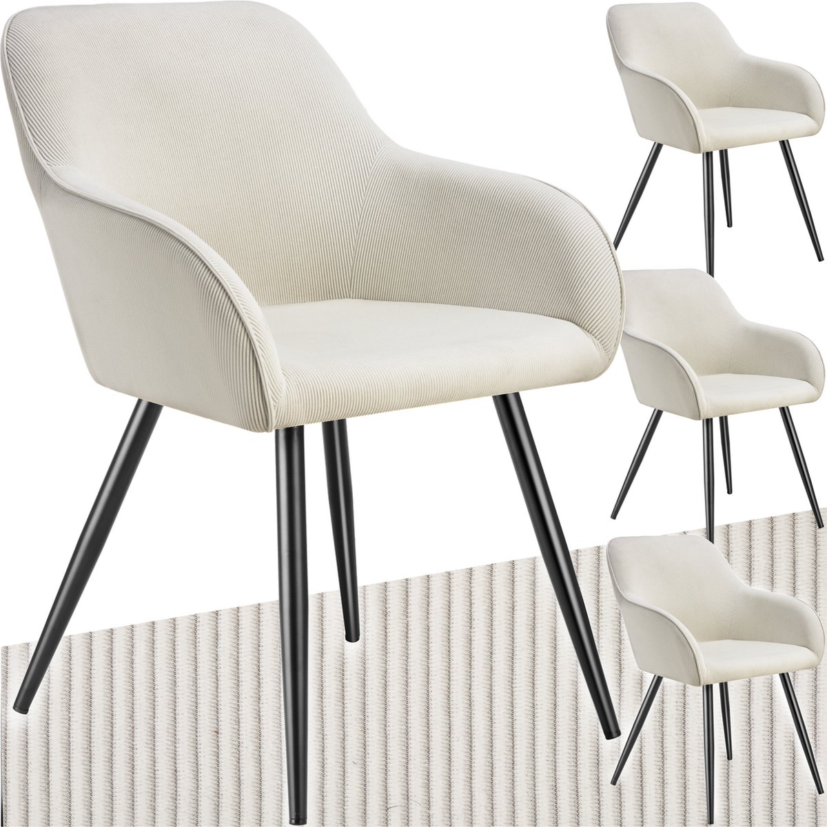 Tectake Eetkamerstoelen Marilyn - Set van 4 - Gestoffeerde Stoelen met Koordlook/ribstof - Zwarte Stoelpoten - Ergonomische Keukenstoel - Stoel voor Eetkamer, Woonkamer, Slaapkamer - Creme