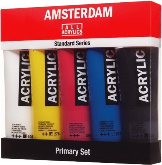 Amsterdam Standard Series primaire set acrylverf, 5 tubes van 120 ml in wit, geel, rood, blauw en zwart. De verpakking toont de tubes.