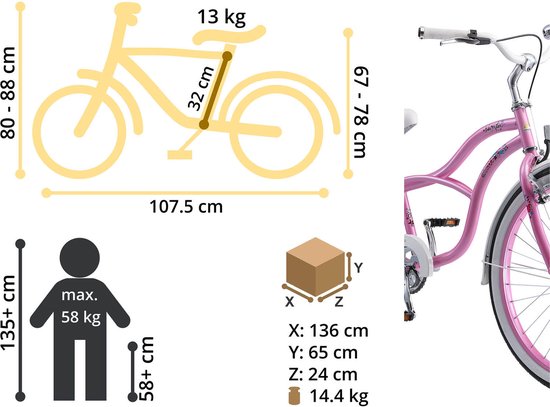 Schéma dimensionnel d'un vélo enfant rose avec ses mesures.