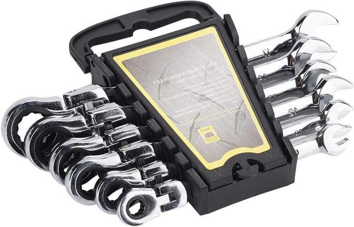 6-delige ratelsleutelset met dubbelzijdige combinatiesleutels - ringsleutels 8-17 mm - flexibele kop - reparatiegereedschapsset