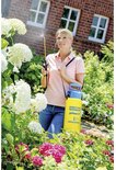 Vrouw sproeit bloemen met gele Gloria Prima 5 drukspuit in de tuin.