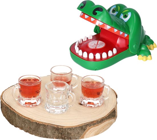 Vrijgezellenfeest spel krokodil - 4 shotglazen - Bijtende krokodil drankspelletje