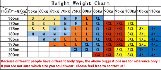 Tableau des tailles et des recommandations de hauteur/poids pour les vêtements pour hommes.