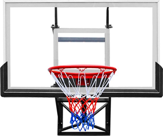 Transparant basketbalbord met zwarte rand en rood-witte-blauwe net.