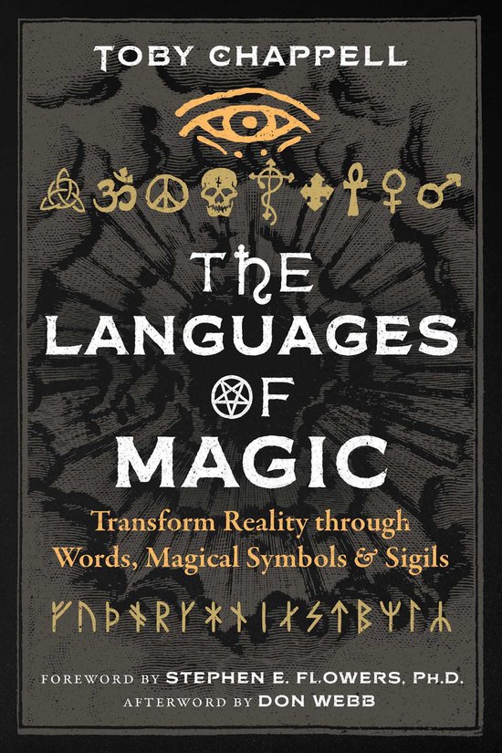 Couverture de livre avec le titre 'The Languages of Magic' par Toby Chappell, présentant divers symboles.