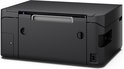 Achterkant van een zwarte Epson alles-in-één printer, met de stroomaansluiting zichtbaar.