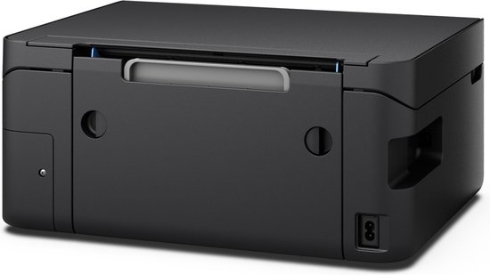 Achterkant van een zwarte Epson alles-in-één printer, met de stroomaansluiting zichtbaar.