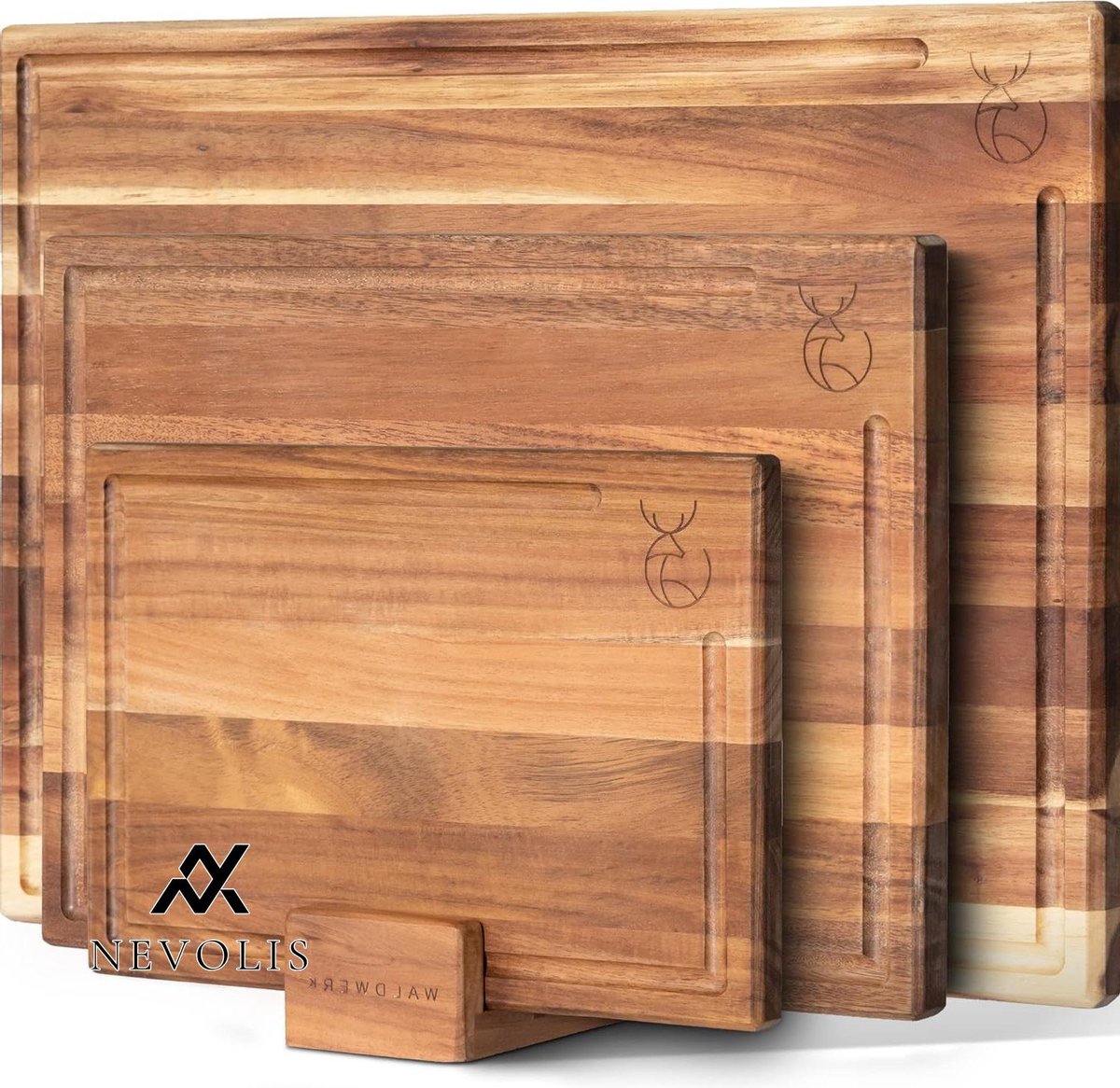 Nevolis Snijplank set van 3 (40 x 30 - 33 x 24 - 26 x 18 cm) van massief acacia - snijplanken met plankstandaard - 2 cm dikke houten planken met jusgoot - design snijplank set .