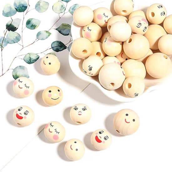 Yueser houten kralen 30 mm, 30 stuks knutselkraal, grote houten ballen, natuurlijk hout, rond met gat