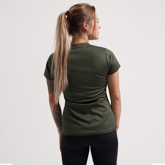 Achterkant van een legergroen dames t-shirt met korte mouwen, merk Rogelli.