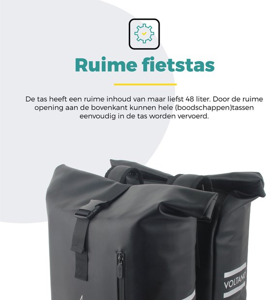 Voltano Dubbele Fietstas Rolltop E-bike Pro - Zwart - 48 Liter - 100% Waterdicht - Fietstassen Electrische Fietsen
