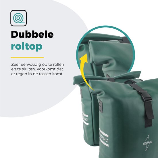 Voltano Dubbele Fietstas Rolltop E-bike Pro - Olijf Groen - 48 Liter - 100% Waterdicht - Fietstassen Electrische Fietsen