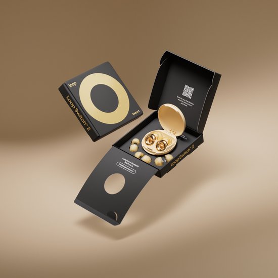 De verpakking van Loop Switch 2 met gouden oordopjes en beige siliconen tips.