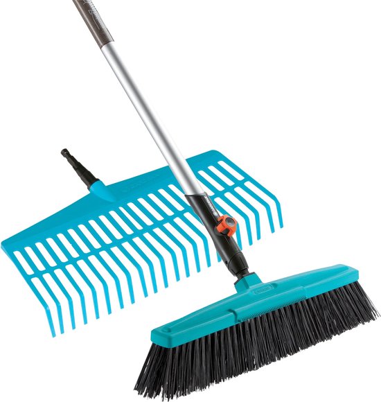 Gazonhark en straatbezem set 43-45 cm met houten steel FSC, kunststof tanden en borstels, tuinafval verwijderen