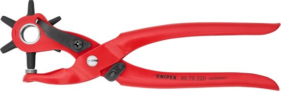 Rode tang met zes roterende, zwarte doppen en de tekst Knipex 90 70 220 Germany.