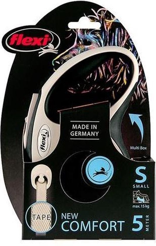 Emballage de la laisse Flexi Comfort S pour chien, couleur noir et gris, avec sangle de 5 mètres.