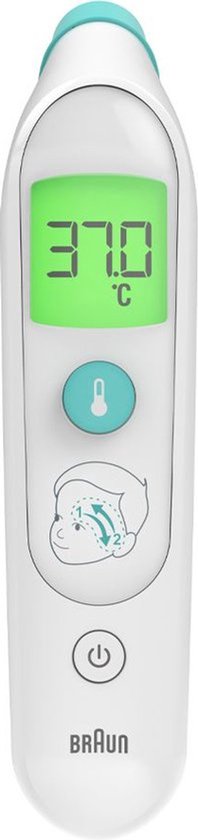 Braun TempleSwipe thermometer met digitaal scherm waarop 37.0°C wordt weergegeven.