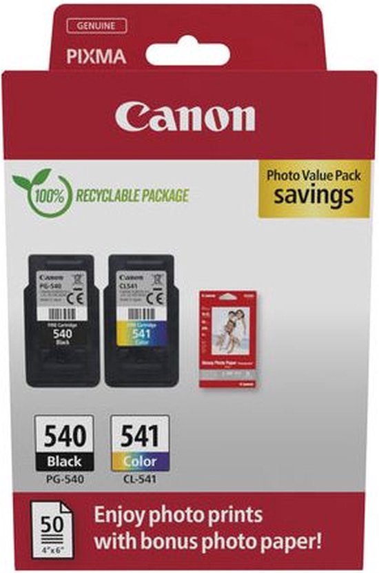 Canon Pixma multipack met 2 inktcartridges: PG-540 Zwart en CL-541 Kleur. Inclusief fotopapier.
