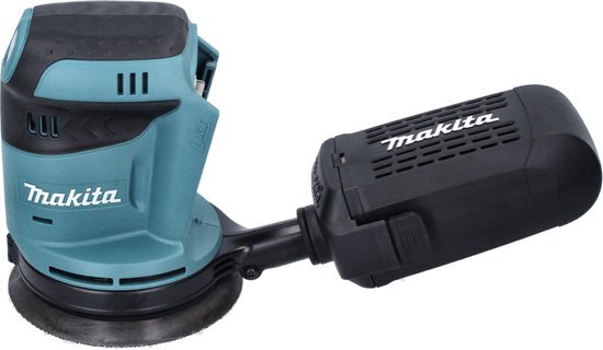 Turquoise en zwarte Makita excenterschuurmachine met losse stofopvangbak.