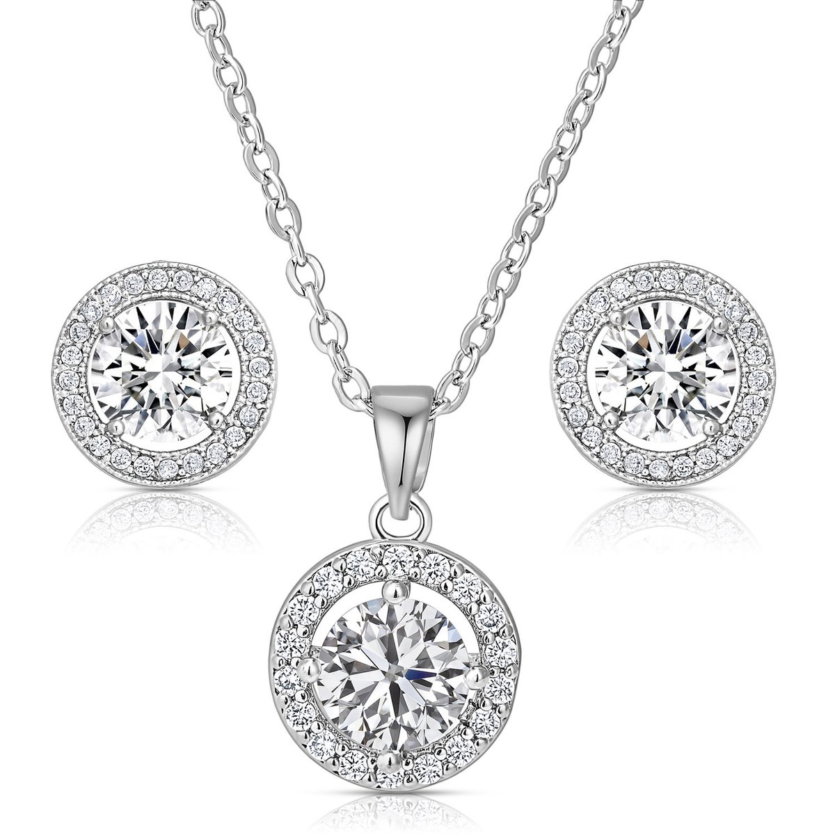 Juwelium Ronde Ketting en Oorbellen Set Verstelbaar 40 tot 50 cm met Zirkonia Kristallen in Luxe Houten doos met LED Verlichting – Perfect Cadeau voor Vrouw, Vriendin, Moeder, Dochter