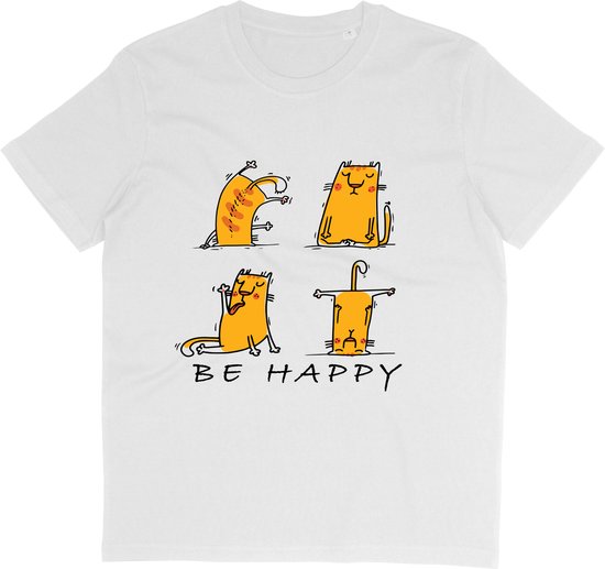 T-shirt blanc avec un dessin animé de quatre chats orange faisant des poses de yoga et le texte "BE HAPPY".