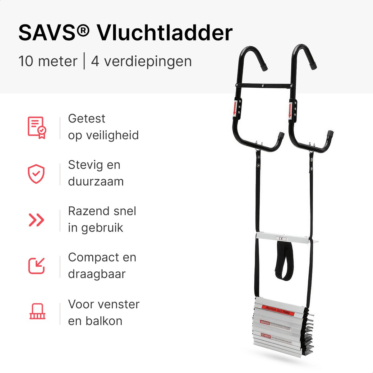 SAVS ESC-1000 Vluchtladder 10 meter - 4 verdiepingen - Brandtrap - Noodladder - Vluchttouw - Brandtrapladder oprolbaar - Vluchttrap