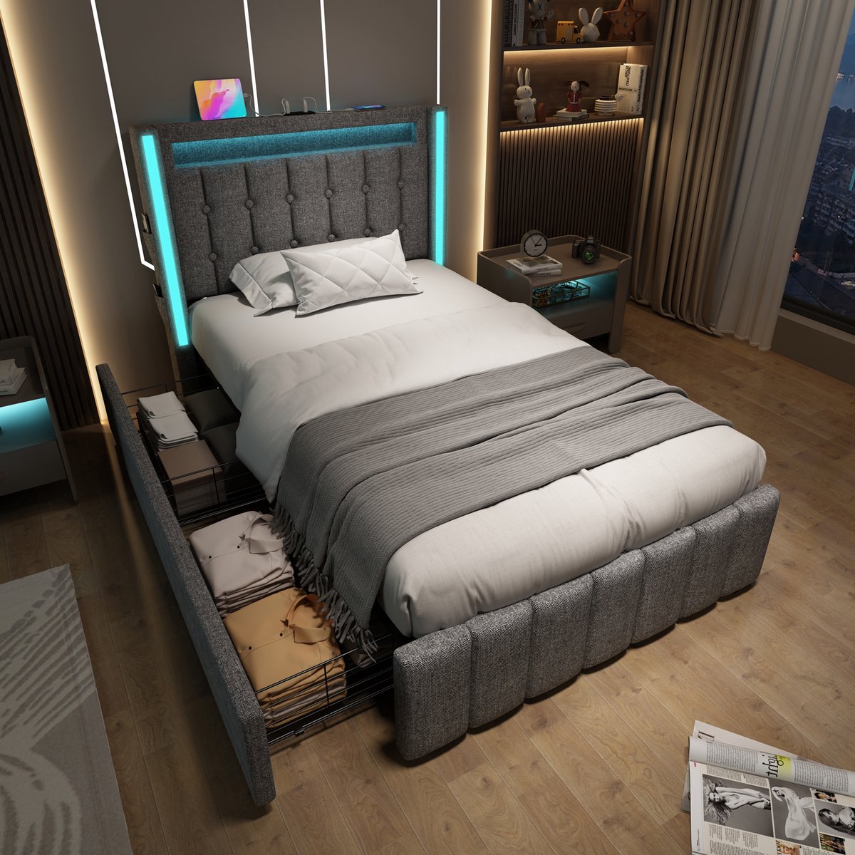 Gutent Eenpersoonsbed, Grijs (Zonder matras), Oplaadfunctie USB Type C, LED-verlichting en 2 laden, 90x200 cm