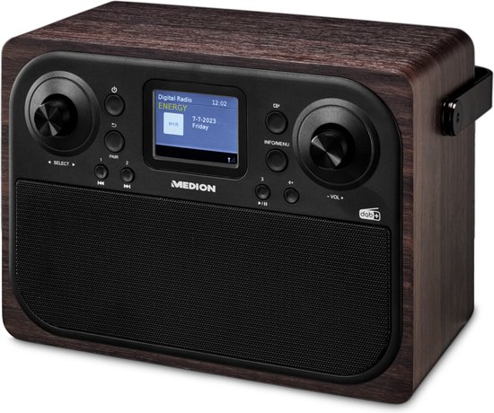 MEDION P66700 DAB+ radio (DAB Plus FM wekkerradio, dimbaar TFT kleurenscherm, Bluetooth, 12/24 uurs klok, wekkerradio, houten behuizing, hoofdtelefoonaansluiting, AUX, staafantenne) bruin